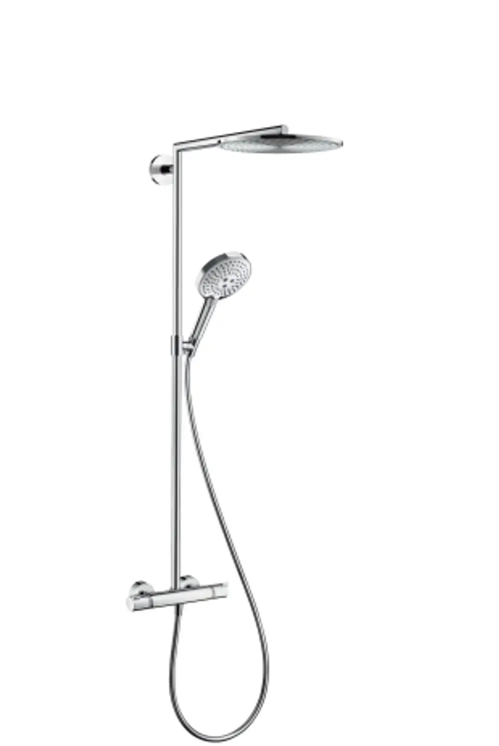 Hansgrohe Duschpaneel mit Kopf- und Handbrause, montiert an der Wand, ausgestattet mit einem Thermostat zur Temperaturregelung. 